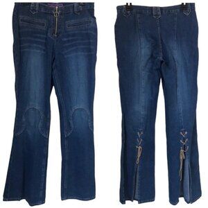 Gypsy Jeans Vintage Y2K Flare Lace Up Leg Mid Rise Zip Boho Festival Stretch 10